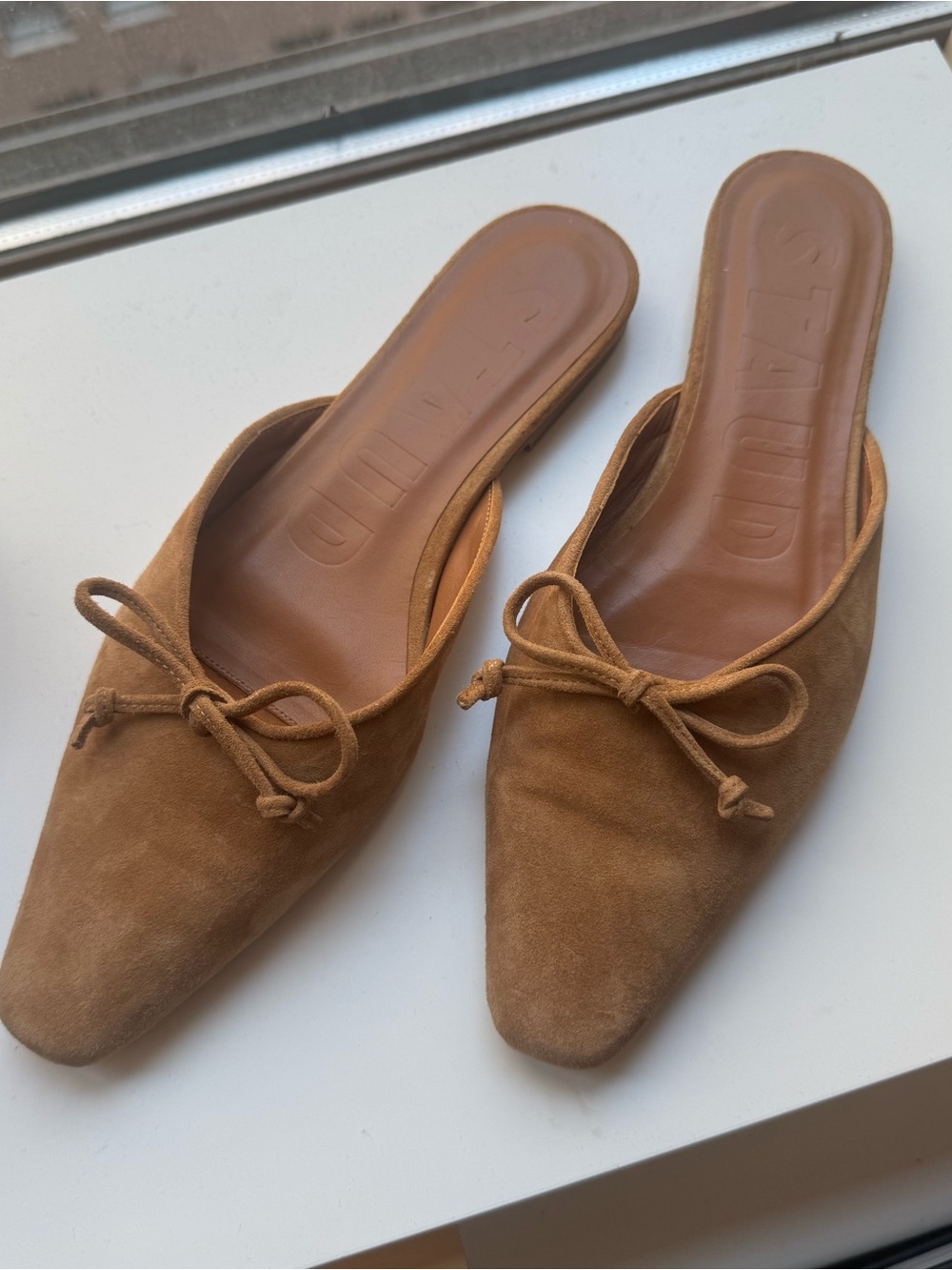 STAUD Tan Suede Bow Backless Mules
